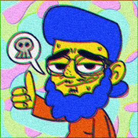 Digital cartoon of a tired man giving a thumbs-up with a speech bubble that has a skull.